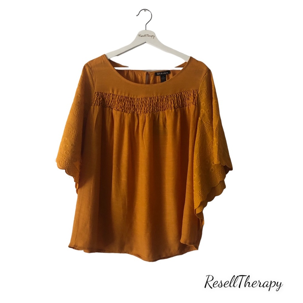BY DESIGN NWT Woven Golden Yellow Boho Style Blouse Eyelet Sleeve Size-Medium